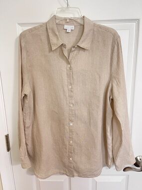 J. Jill Beige Tan 100% Linen Button-Down Shirt size medium